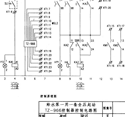 给水泵一用一备全压起动tz-966控制器控制电路图